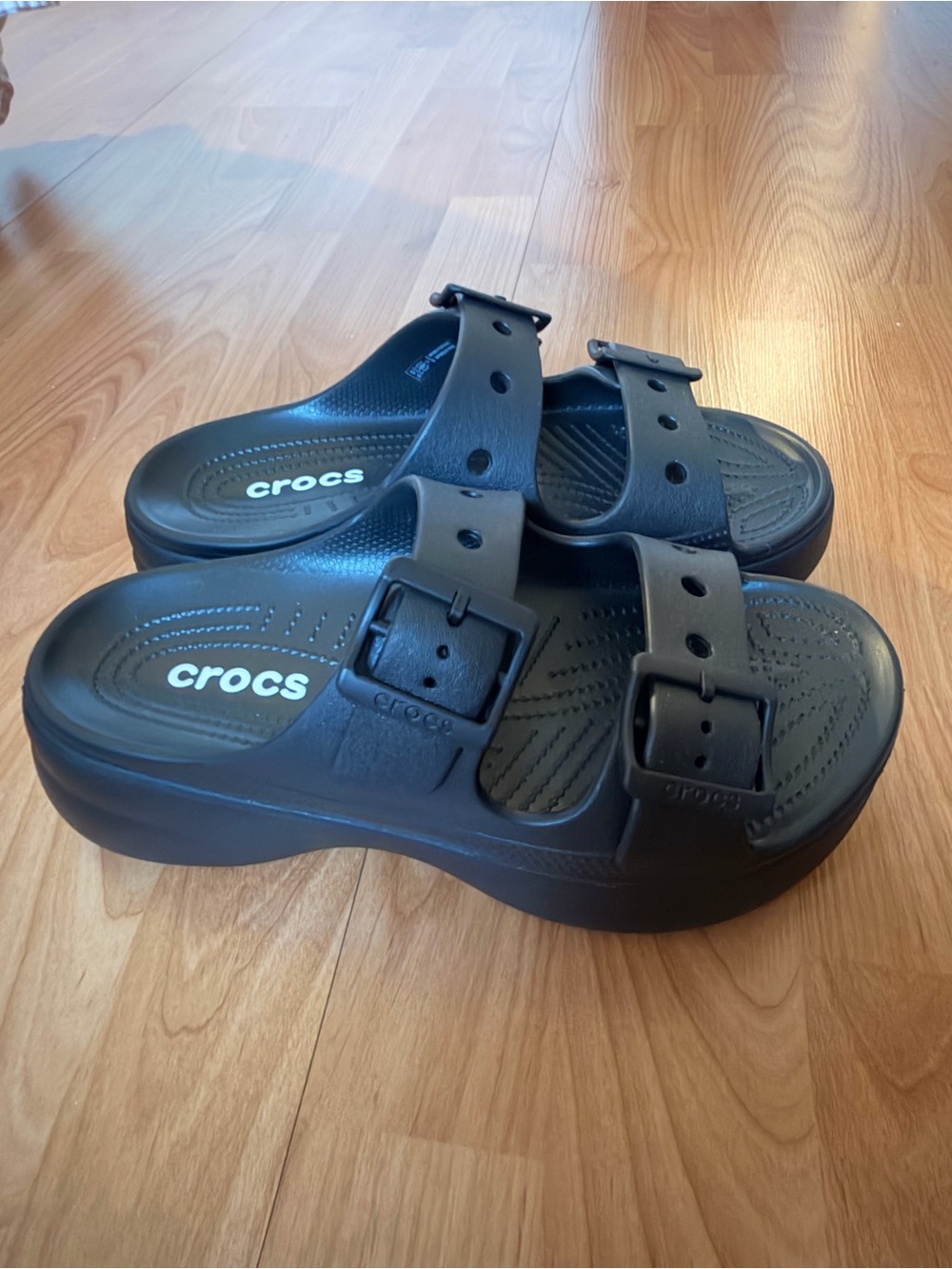 CROCS Black Double Buckle Platform Slide Sandals - Picture 3 of 8